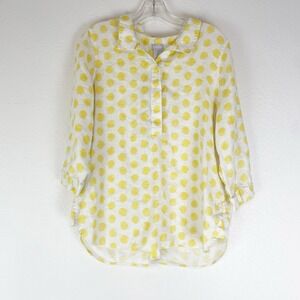 Chico's Top Womens 8 Polka Dot Collared 100% Linen Coastal Relaxed Resort Button